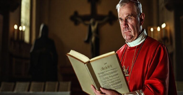 Ks. w tradycyjnych szatach kościelnych trzyma dokument "Dilexi te" w ciemnej świątyni, symbolizujący kryzys modernizmu w strukturach posoborowych.