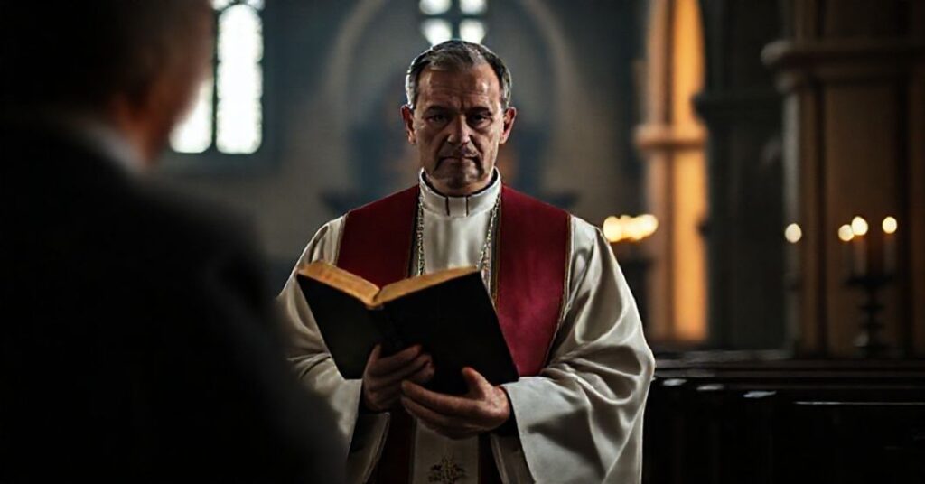 Ksiądz w tradycyjnych szatach liturgicznych stoi w ciemnym kościele trzymając zamkniętą Biblię w obecności nieostrego symbolu ekumenizmu.