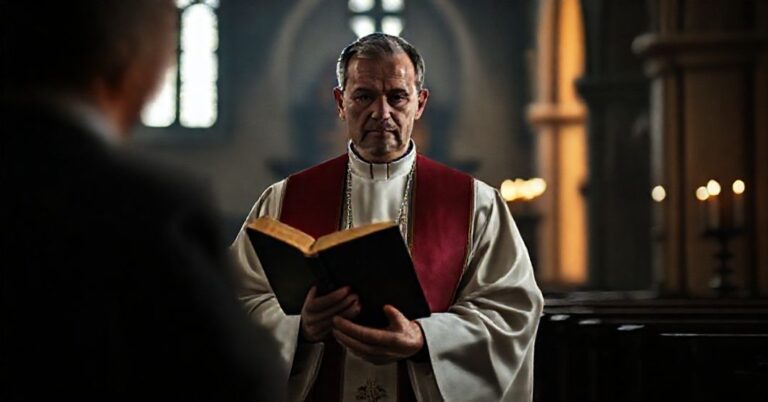 Ksiądz w tradycyjnych szatach liturgicznych stoi w ciemnym kościele trzymając zamkniętą Biblię w obecności nieostrego symbolu ekumenizmu.