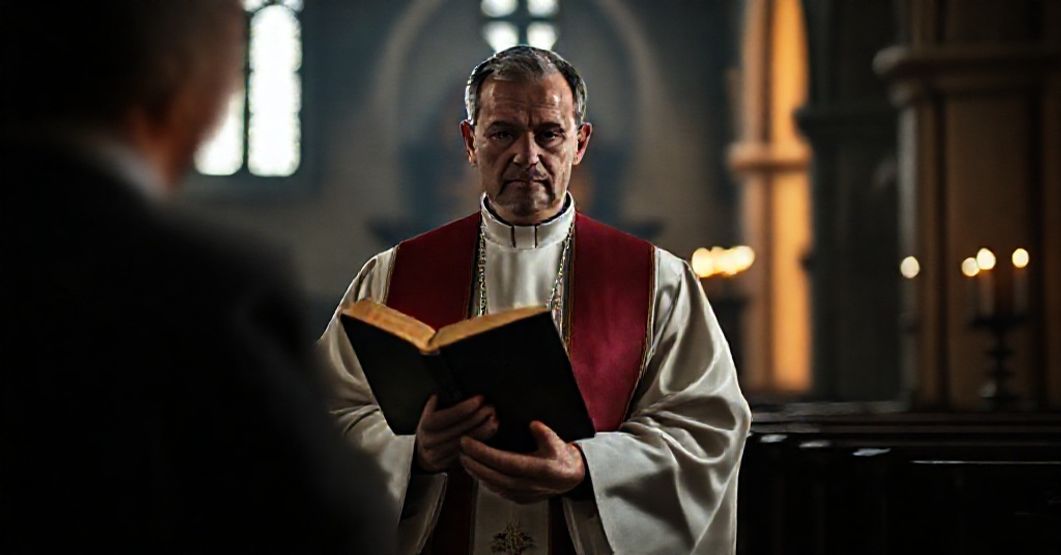 Ksiądz w tradycyjnych szatach liturgicznych stoi w ciemnym kościele trzymając zamkniętą Biblię w obecności nieostrego symbolu ekumenizmu.
