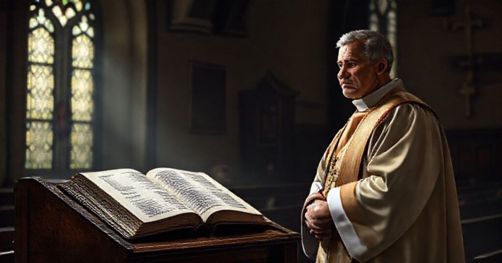 Ksiądz w tradycyjnych szatach liturgicznych stoi w ciemnej kościele, rozmyślając nad niebezpiecznym przypisywaniem Bożym cudom codziennym wydarzeniom.