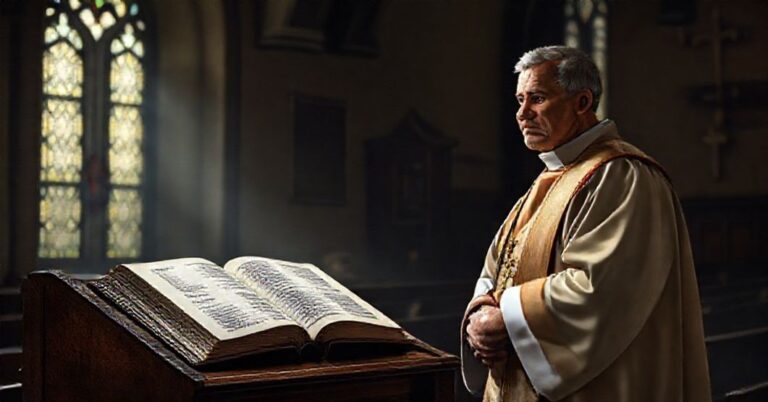 Ksiądz w tradycyjnych szatach liturgicznych stoi w ciemnej kościele, rozmyślając nad niebezpiecznym przypisywaniem Bożym cudom codziennym wydarzeniom.