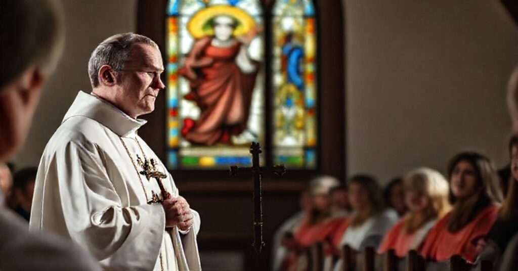 Ksiądz w tradycyjnych szatach liturgicznych przemawia do zgromadzenia w polskiej kaplicy, przytrzymując krzyż. Na tle witraż przedstawiający Chrystusa Króla. Scena podkreśla kryzys duchowy współczesnej Polski i potrzebę moralnego odrodzenia.