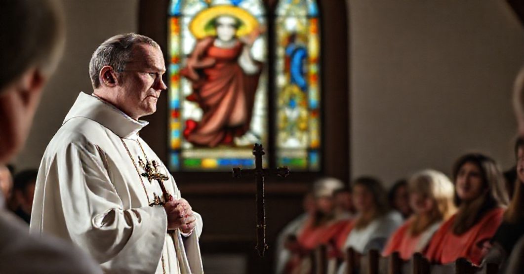 Duchowy kryzys Polski - apel o powrót do katolickiej ortodoksji Ksiądz w tradycyjnych szatach liturgicznych przemawia do zgromadzenia w polskiej kaplicy, przytrzymując krzyż. Na tle witraż przedstawiający Chrystusa Króla. Scena podkreśla kryzys duchowy współczesnej Polski i potrzebę moralnego odrodzenia.