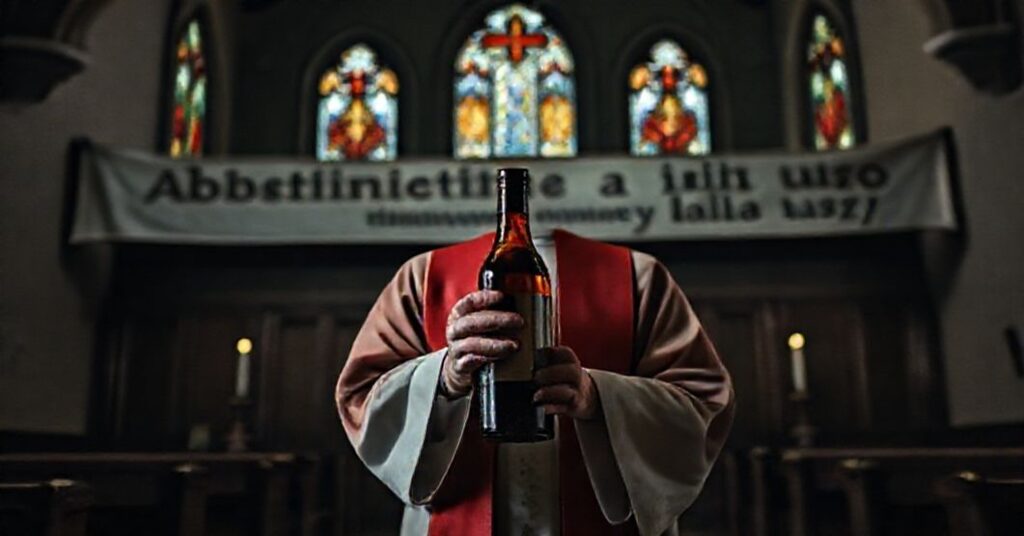 Tradycyjny ksiądz w kaplicy z napisem o powściągliwości w picie alkoholu