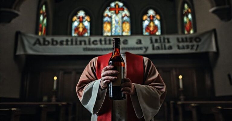 Tradycyjny ksiądz w kaplicy z napisem o powściągliwości w picie alkoholu