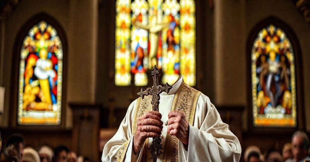 Ks. w ornatach liturgicznych w katedrze, trzymający krucyfiks, wypowiadający się o fałszywych naukach i konieczności wierności prawdzie katolickiej.