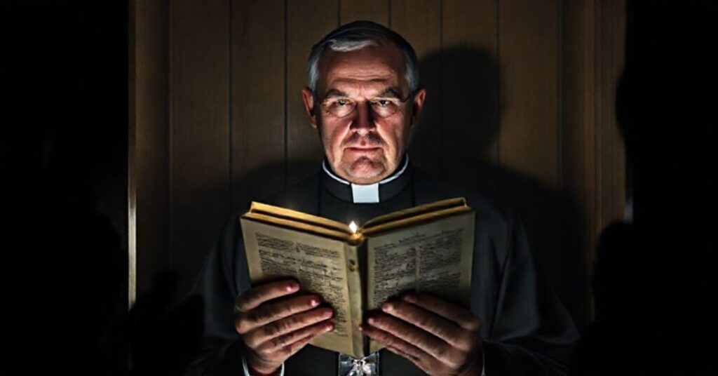 Ks. w tradycyjnej sutannie w konfesjonału przy świećce z otwartym Kodeksem Prawa Kanonicznego z 1917 r., na tle cieni użytkowników serwisu pornograficznego