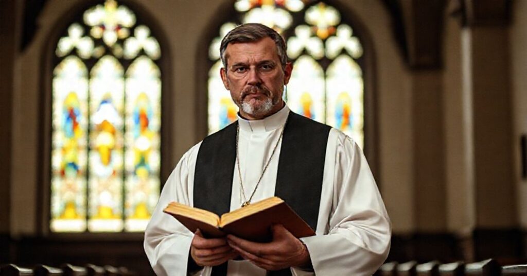 Portret tradycyjnego księdza w sutannie w kościele z witrażami, symbolizujący katolickie obawienia co do neuroatypowości.