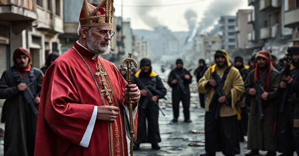Soból tradycyjnego księdza w szatach liturgicznych w libańskim mieście, patrząc na członków Hezbollahu z bronią, trzymając krzyż i różaniec