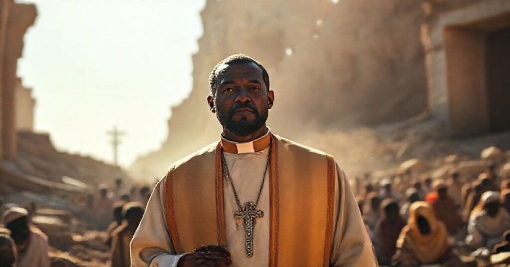 Katoicki ksiądz w tradycyjnych szatach z krucyfiksem w ruinach El-Fasher