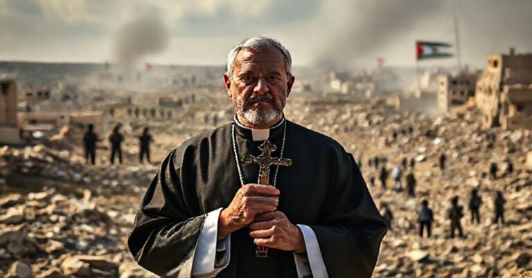 Ks. w tradycyjnym stroju liturgicznym stoi przed zniszczonym krajobrazem Strefy Gazy, trzymając krzyż i patrząc na zniszczenia.