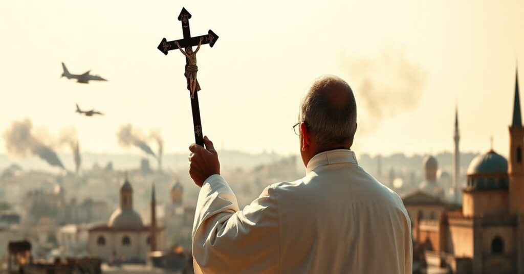 Ksiądz w sutannie przed wojennym krajobrazem Bliskiego Wschodu z izraelskimi samolotami i dymem na tle