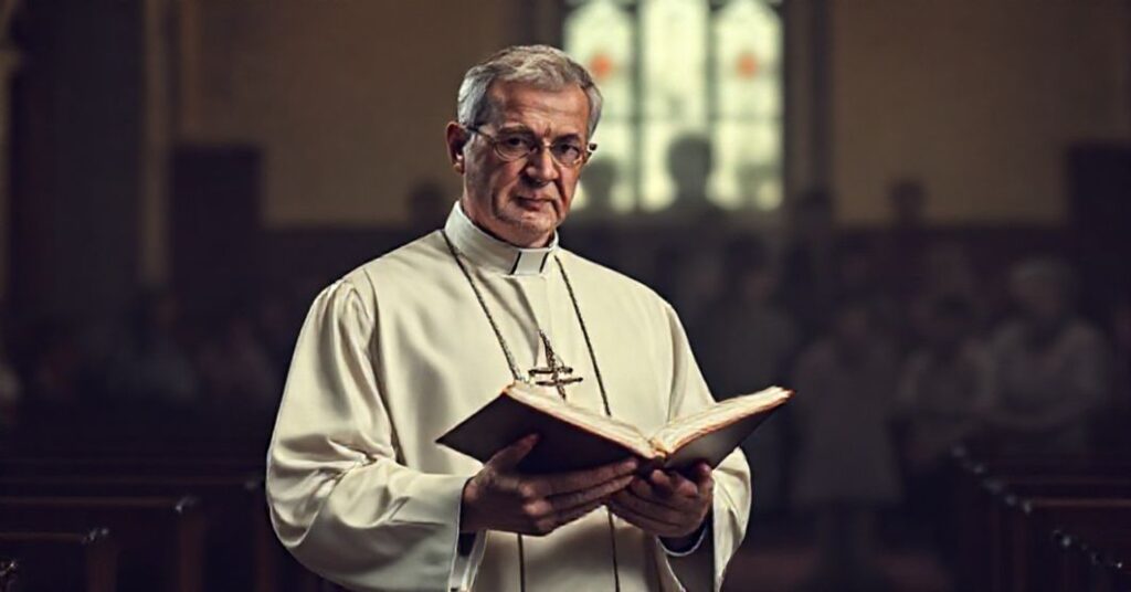 Ks. w tradycyjnym habicie trzyma Biblię w kościele, na tle niewidzialne cierpiące dzieci - symbolizując duchową pustkę współczesnych systemów ochrony dzieci