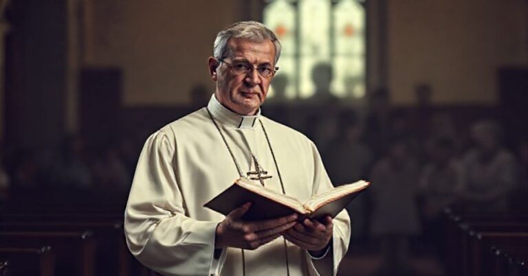 Ks. w tradycyjnym habicie trzyma Biblię w kościele, na tle niewidzialne cierpiące dzieci - symbolizując duchową pustkę współczesnych systemów ochrony dzieci