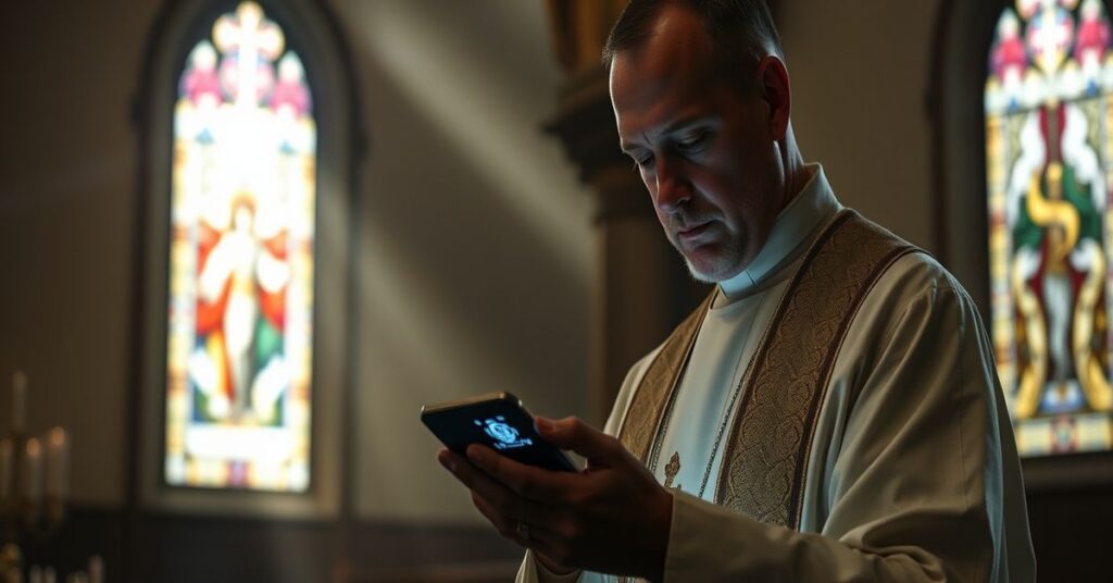 Obraz przedstawiający tradycyjnie ubranego księdza w ciemnej kaplicy z witrażami. Przestrzeń wypełniona jest sakralnymi symbolami katolickimi. Ksiądz trzyma relikwiarz lub cyborium, patrząc z niepokojem na urządzenie wyświetlające Znamię Bestji.