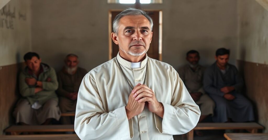 Tradycyjny ksiądz w kasztanie stoi przed kaplicą z bezdomnymi w tle, symbolizując brak nadprzyrodzonej świątyni w humanitaryzmie posoborowym.