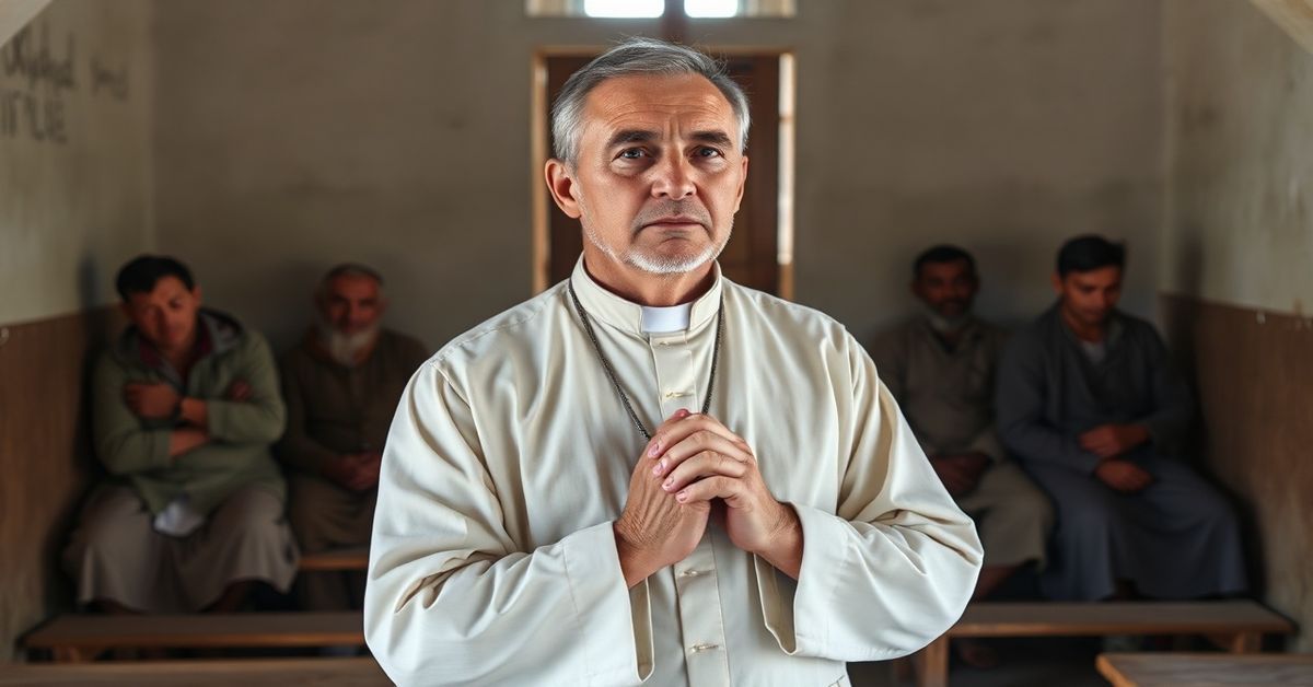 Tradycyjny ksiądz w kasztanie stoi przed kaplicą z bezdomnymi w tle, symbolizując brak nadprzyrodzonej świątyni w humanitaryzmie posoborowym.