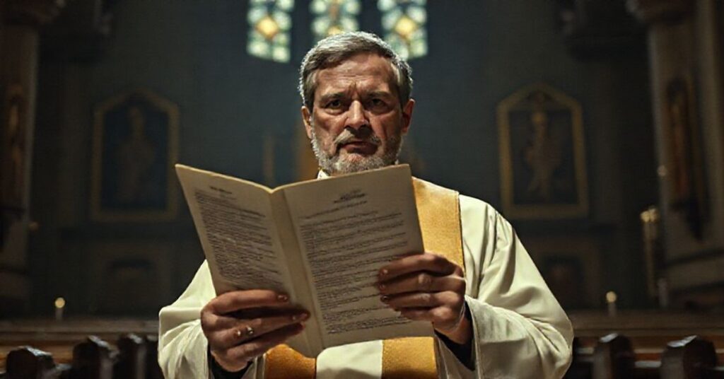 Ks. w kościele z troską patrzący na scenariusz filmowy Scorsesego.