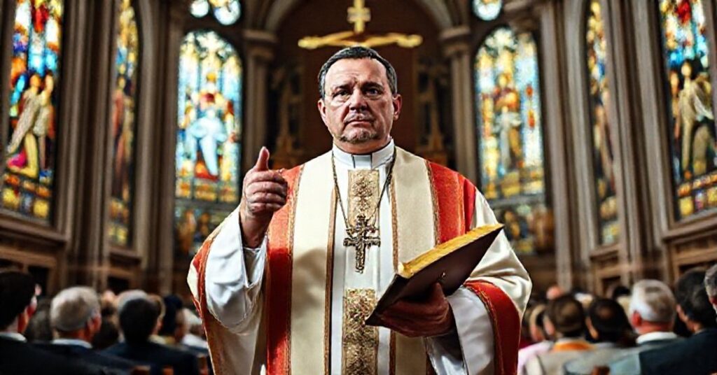 Ksiądz w tradycyjnych szatach liturgicznych stoi przed zgromadzeniem, trzymając Biblię i wskazując na krzyż. Na tle widoczny jest majestatyczny kościół z witrażami przedstawiającymi królestwo Chrystusa.