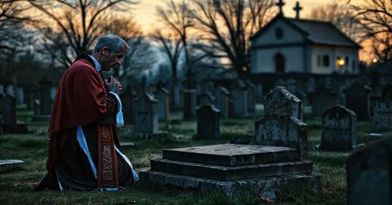 Stary cmentarz z tradycyjnym księgiem modulołem modlitwy przy grobie w surowym katolickim otoczeniu