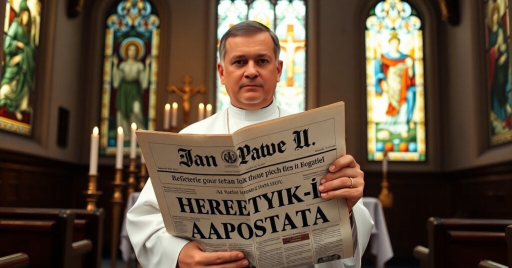Ksiądz w tradycyjnym habitacie czyta gazetę z heretyckim tytułem przed ołtarzem