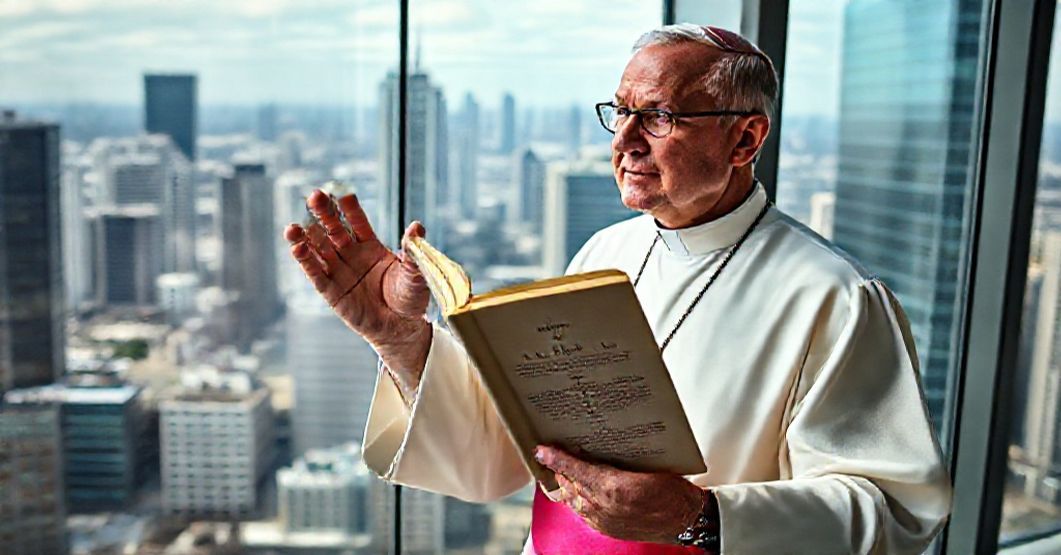 Portret księży w tradycyjnym stroju duchownym stojącego w biurowcu z widokiem na technologiczny krajobraz miejski, trzymający egzemplarz Rerum Novarum.