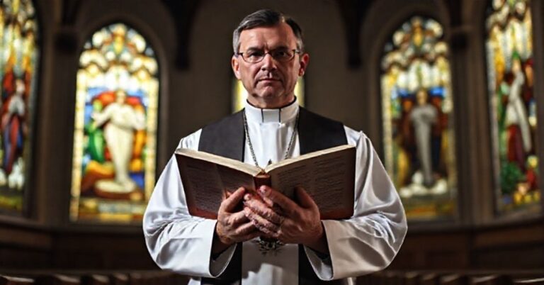 Tradycyjny ksiądz katolicki trzymający Biblię w ciemnym kościele z witrażami przedstawiającymi Mękę Pańską