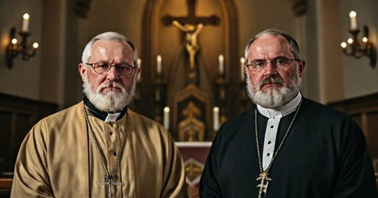 Wizerunek księży Henryka Okolotowicza i o. Andrzeja Juchniewicza OMI przed tradycyjnym ołtarzem katolickim, symbolizujący ich męczeństwo za wiarę.