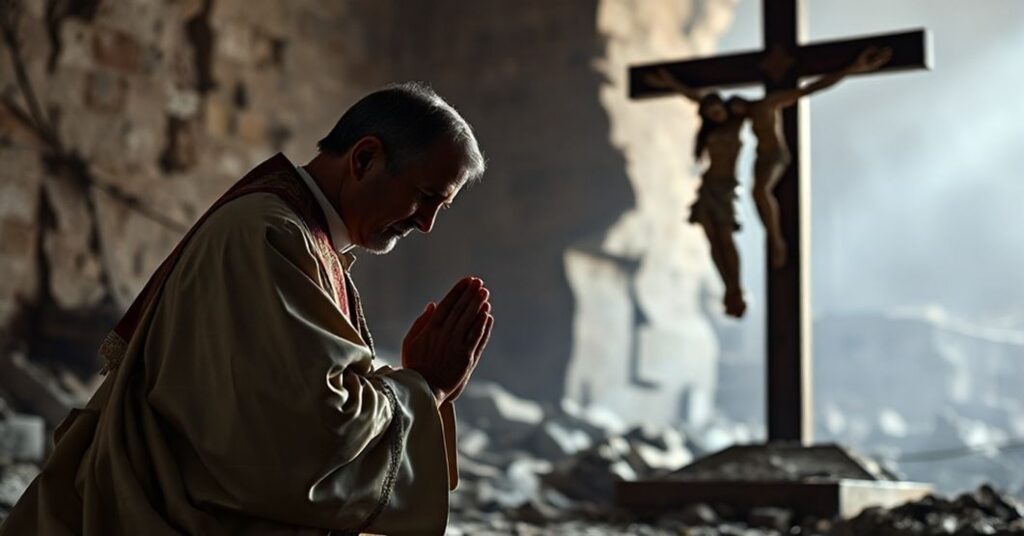 Kneeling priest in traditional Catholic vestments praying before a crucifix with Gaza in the background, symbolizing the betrayal of Christian values in modern conflicts.