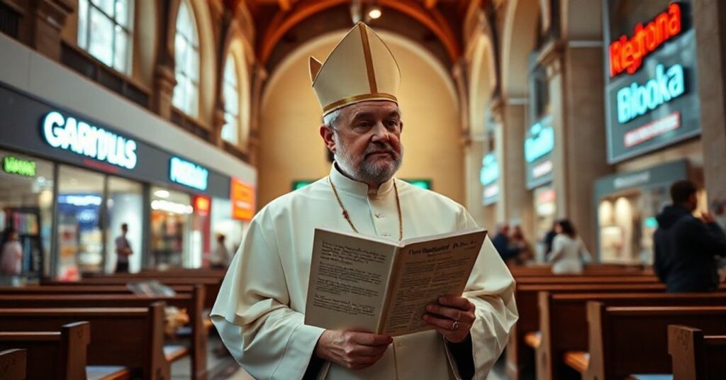Księż katolicki w tradycyjnym koście patrzy z troską na centrum handlowe z polskimi markami, symbolizując konflikt między wzrostem gospodarczym a moralnymi wartościami chrześcijańskimi.