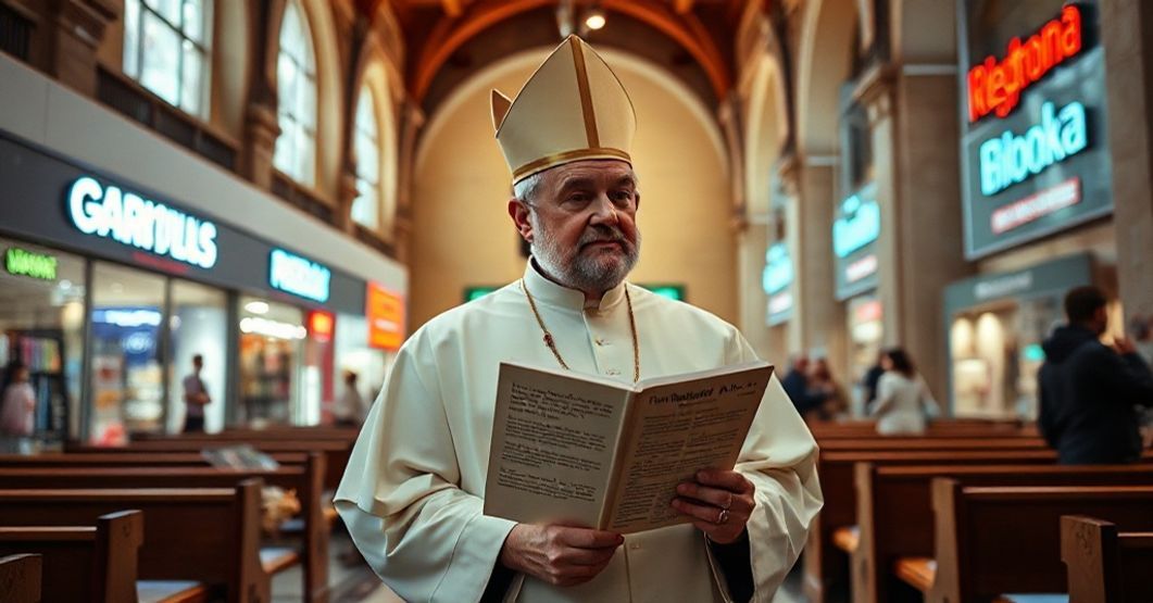 Księż katolicki w tradycyjnym koście patrzy z troską na centrum handlowe z polskimi markami, symbolizując konflikt między wzrostem gospodarczym a moralnymi wartościami chrześcijańskimi.