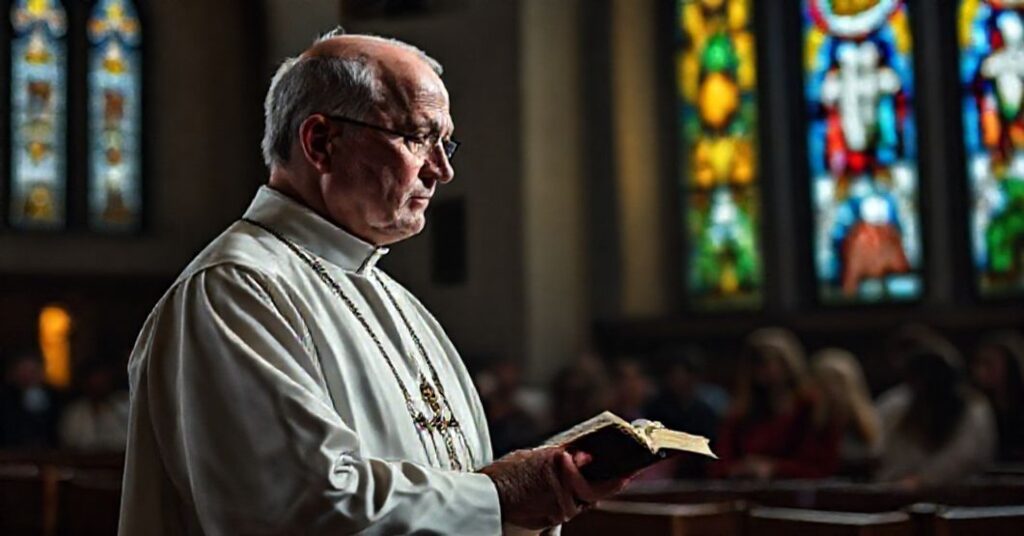 Książ w tradycyjnych szatach liturgicznych stoi w ciemnym koście, obok Biblii, patrząc z troską na młodych dorosłych z spektrum autyzmu walczących z naturalistyczną redukcją źłości.