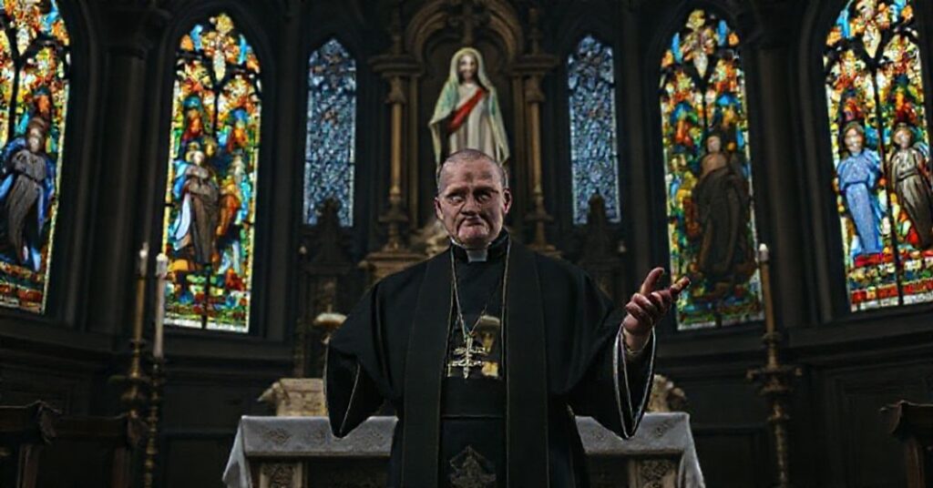 Tradycjonalistyczny księż w kaplicy modli się przed obrazem Matki Boskiej z protestem przeciwko dekretowi antypapieź Leon XIV zakazującego tytuły Maryi.