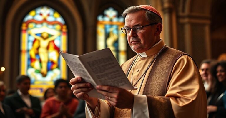 Książ katolicki w tradycyjnych szatach liturgicznych stoi przed zaniepokojonymi katolikami, trzymając egzemplarz unijnego paktu migracyjnego. Tło symbolizuje duchową bitwę przeciwko dechrystianizacji Europy. Scena jest uwieczniona w ciepłym, czciowym świetle.