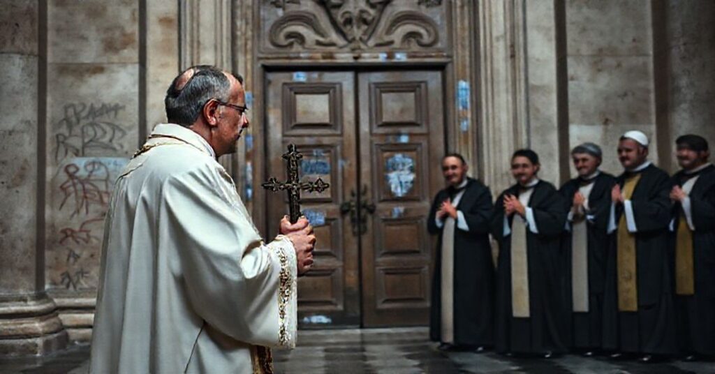 SobieÅ¼ny ksiÄ™Å¼ w tradycyjnych ornatach stojÄ…cy przed zamkniÄ™tymi Drzwiami Å›wiÄ™tymi w Bazylice Å›w. Piotra w Rzymie, z wyrazem smutku na twarzy.