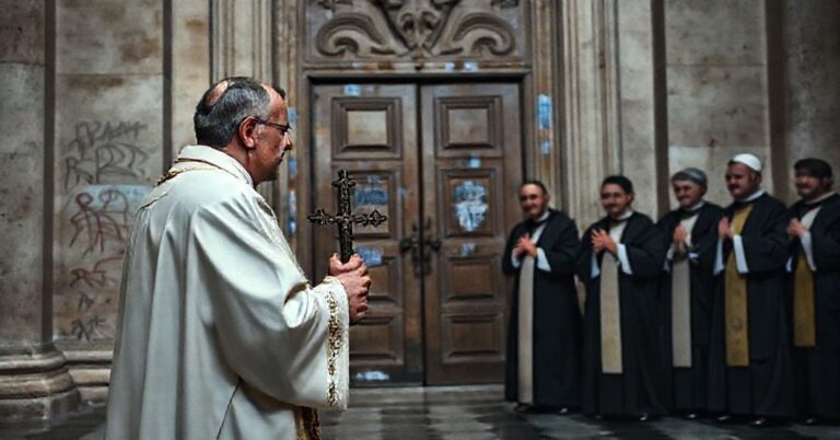 SobieÅ¼ny ksiÄ™Å¼ w tradycyjnych ornatach stojÄ…cy przed zamkniÄ™tymi Drzwiami Å›wiÄ™tymi w Bazylice Å›w. Piotra w Rzymie, z wyrazem smutku na twarzy.