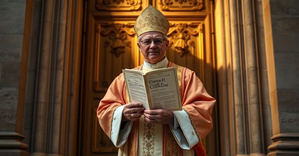 Książ tradycyjny w szatach liturgicznych przed zamkniętymi drzwiami katedry w Wiedniu trzyma ksykus kanoniczny z 1917 roku.