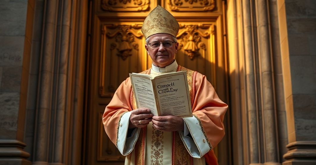 Książ tradycyjny w szatach liturgicznych przed zamkniętymi drzwiami katedry w Wiedniu trzyma ksykus kanoniczny z 1917 roku.