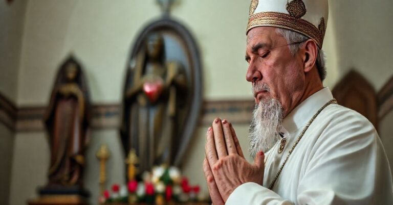 Katzenbacher księż w modlitwie przed statuą Serca Jezusa, symbolizujący prawdziwą obronę chrześcijańskich wartości przeciwko propagandzie LGBT.