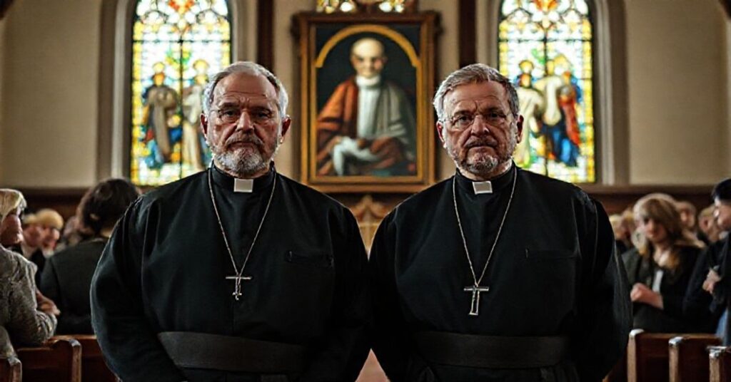 Dwaj katolickie księża - Henryk Akalatowicz i Andrzej Juchniewicz - stoją w tradycyjnym białoruskim kościele z podświetlanymi witrażami. Otoczeni smutnymi parafianami, na tle wisi portret Papieża Piusa XI.