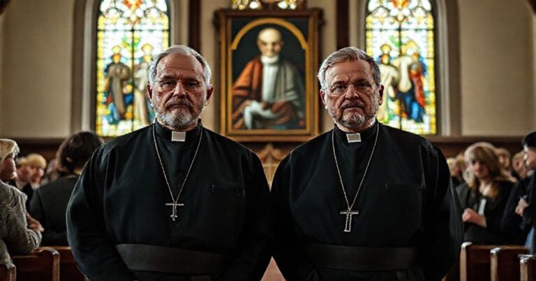 Dwaj katolickie księża - Henryk Akalatowicz i Andrzej Juchniewicz - stoją w tradycyjnym białoruskim kościele z podświetlanymi witrażami. Otoczeni smutnymi parafianami, na tle wisi portret Papieża Piusa XI.