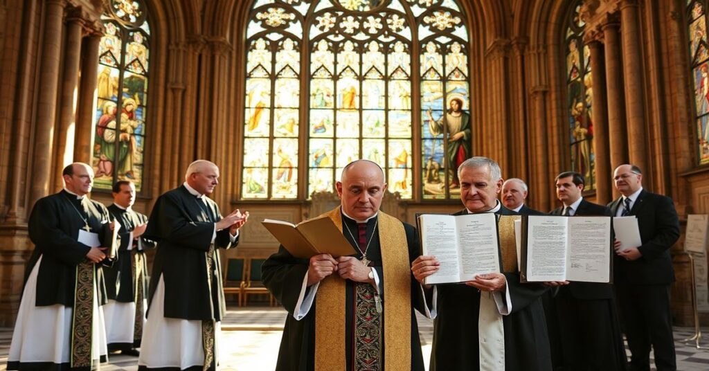 Katoliccy księża w tradycyjnych ornatach stoją przed katedrą, broniąc nauki Kościoła przed państwowymi regulacjami dotyczącymi sztucznej inteligencji.