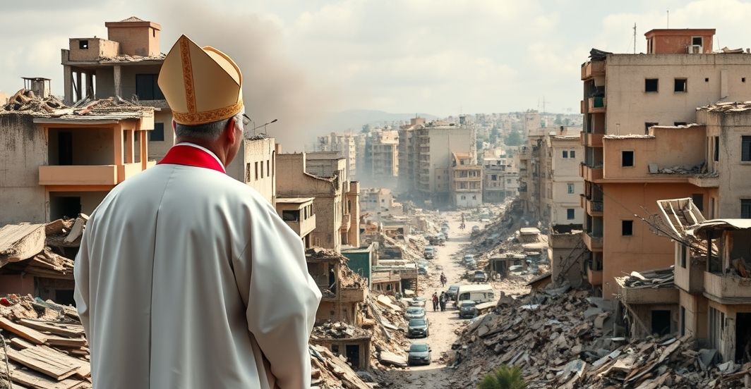 Ksiądz katolicki przed zniszczonym miastem w Gazie - obraz refleksji nad kryzysem duchowym Ksiądz katolicki w tradycyjnym stroju stojący przed zniszczonym miastem w Gazie, ukazując powagę duchowego kryzysu i potępienia wojny bez panowania Chrystusa.