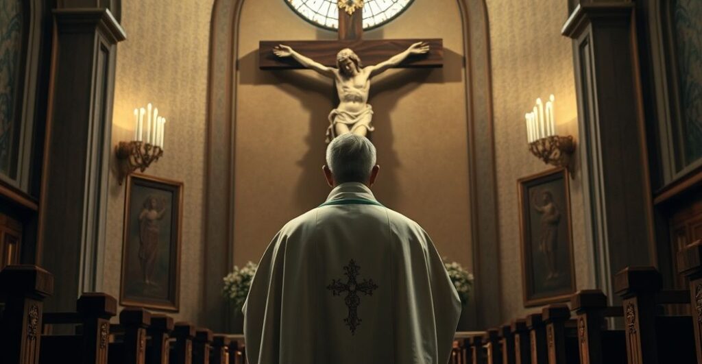 Reverent Catholic priest wpatrujący się w krucyfiks w kościele, symbolizujący sprzeciw wobec sekularyzacji i eutanazji, podkreślający świętość życia zgodnie z nauką Kościoła