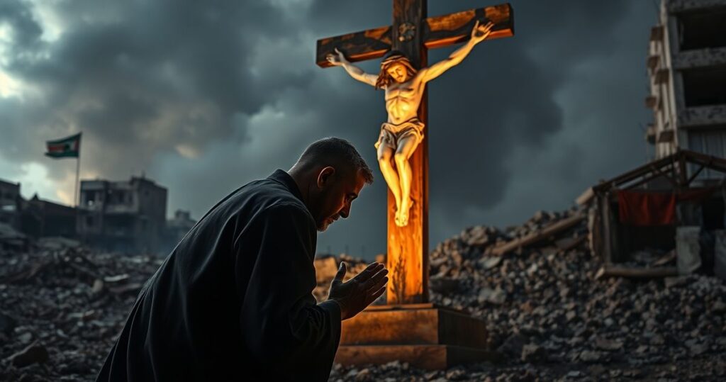Ksiądz katolicki modlący się przed krzyżem z widokiem Gazy w tle, ukazujący duchową i moralną kryzys, refleksja nad brakiem prawdziwej religijnej reakcji na konflikt