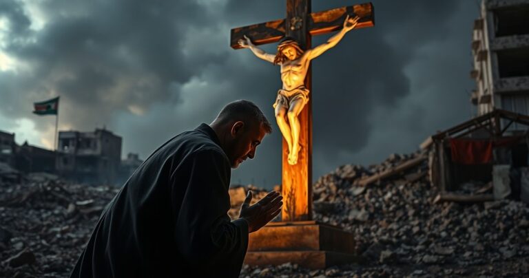Ksiądz katolicki modlący się przed krzyżem z widokiem Gazy w tle, ukazujący duchową i moralną kryzys, refleksja nad brakiem prawdziwej religijnej reakcji na konflikt