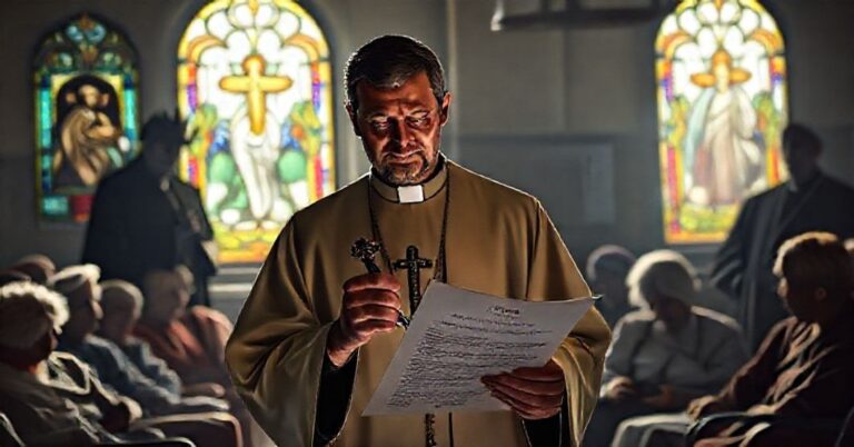 Pokój szpitalny z księży w ornacie modlącego się przed grupą osób starszych, z oknami witrażowymi przedstawiającymi Mękę Pańską.