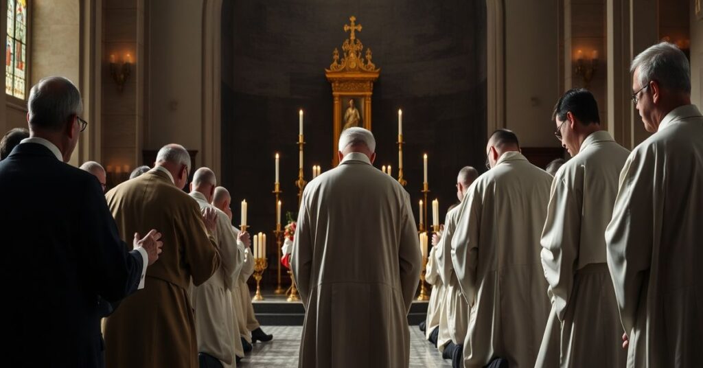 Tradycyjni księża w modlitwie przed Najświętszym Sakramentem w kaplicy