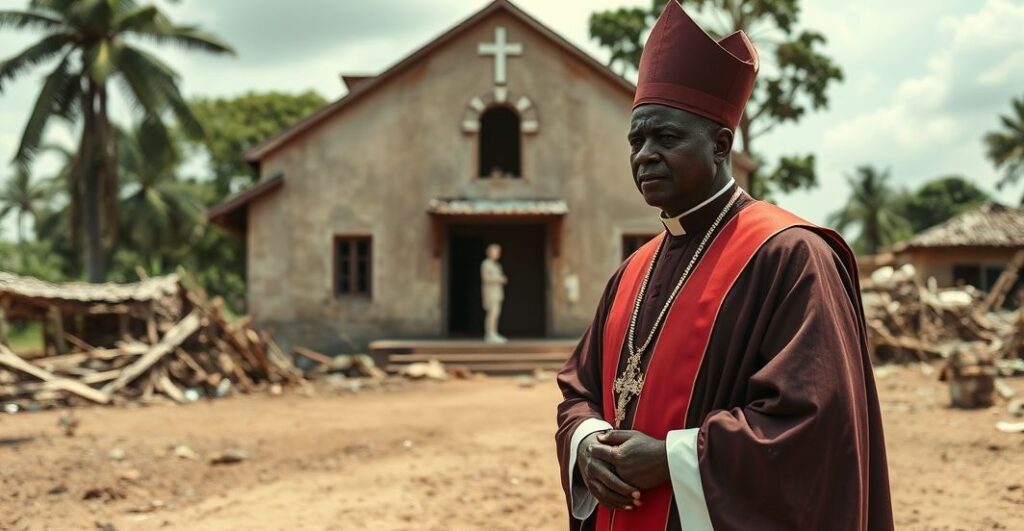 Ksiądz w tradycyjnych szatach stojący przed zniszczoną kaplicą w Nigerii, symbolizujący duchową walkę i prześladowanie od strony modernistycznego Kościoła posoborowego